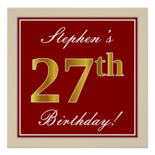 Poster Elégant, Rouge, Faux Gold 27e anniversaire; Nom pe