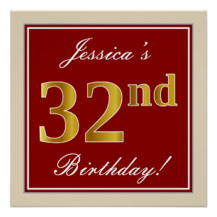 Poster Elégant, Rouge, Faux Gold 32e anniversaire; Nom pe
