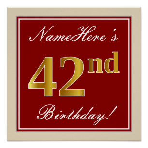 Poster Elégant, Rouge, Faux Gold 42e anniversaire; Nom pe