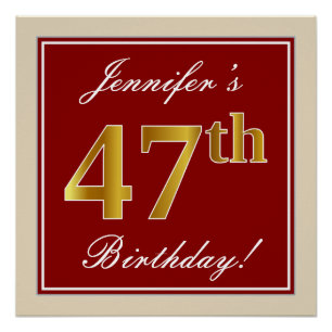 Poster Elégant, Rouge, Faux Gold 47e anniversaire; Nom pe