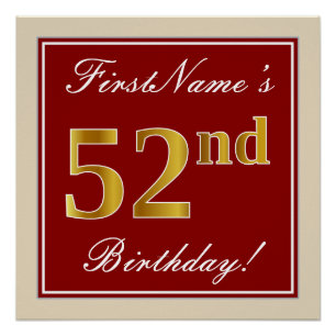 Poster Elégant, Rouge, Faux Gold 52e anniversaire; Nom pe