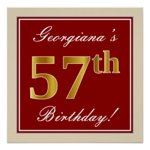 Poster Elégant, Rouge, Faux Gold 57e anniversaire; Nom pe