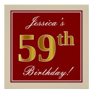 Poster Elégant, Rouge, Faux Gold 59e anniversaire; Nom pe
