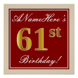 Poster Elégant, Rouge, Faux Gold 61e anniversaire; Nom pe