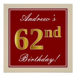 Poster Elégant, Rouge, Faux Gold 62e anniversaire; Nom pe