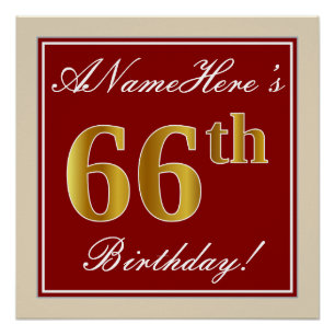 Poster Elégant, Rouge, Faux Gold 66e anniversaire; Nom pe