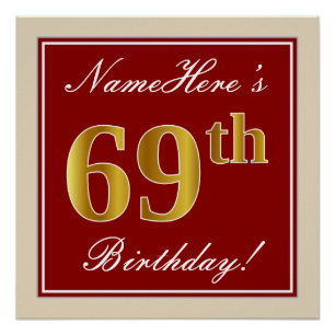 Poster Elégant, Rouge, Faux Gold 69e anniversaire; Nom pe