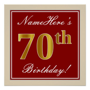 Poster Elégant, Rouge, Faux Gold 70e Anniversaire; Nom pe
