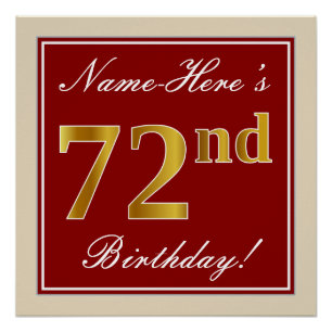 Poster Elégant, Rouge, Faux Gold 72e anniversaire; Nom pe