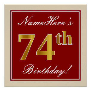 Poster Elégant, Rouge, Faux Gold 74e anniversaire; Nom pe