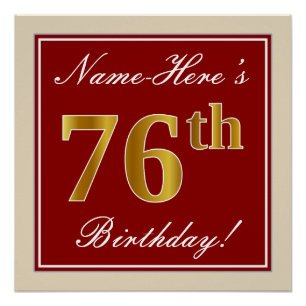 Poster Elégant, Rouge, Faux Gold 76e anniversaire; Nom pe