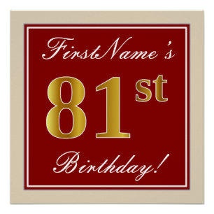 Poster Elégant, Rouge, Faux Gold 81ème Anniversaire; Nom