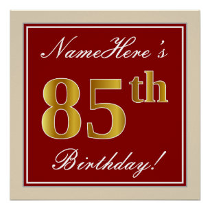 Poster Elégant, Rouge, Faux Gold 85e anniversaire; Nom pe