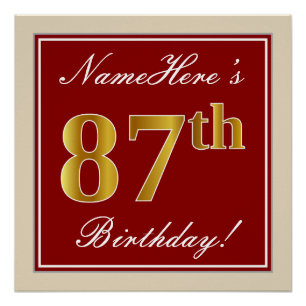 Poster Elégant, Rouge, Faux Gold 87e anniversaire; Nom pe