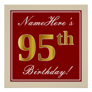 Poster Elégant, Rouge, Faux Gold 95e anniversaire; Nom pe