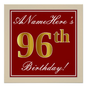 Poster Elégant, Rouge, Faux Gold 96e anniversaire; Nom pe