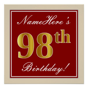 Poster Elégant, Rouge, Faux Gold 98e anniversaire; Nom pe