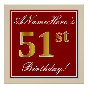 Poster Élégant, Rouge, Or Faux 51e Anniversaire ; Nom Per