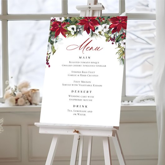 Poster Elégant Rouge Poinsettia Menu Mariage de Noël