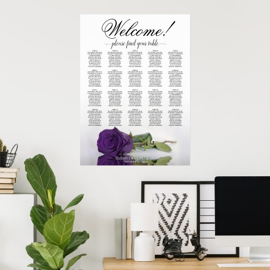 Poster Élégant Royal Purple Rose 20 Table Seating Chart (Bureau à domicile)