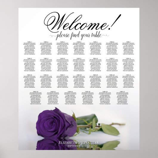 Poster Élégant Royal Purple Rose 27 Table Seating Chart (Devant)