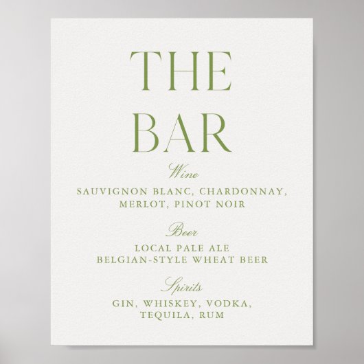 Poster Elegant Sage Green & Beige Wedding Bar Sign (Devant)