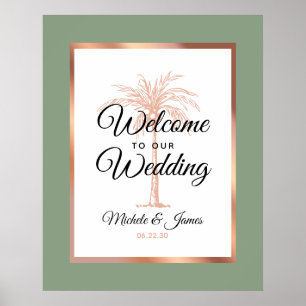 Poster Elégant Sage Green Rose Gold Palm Mariage Bienvenu