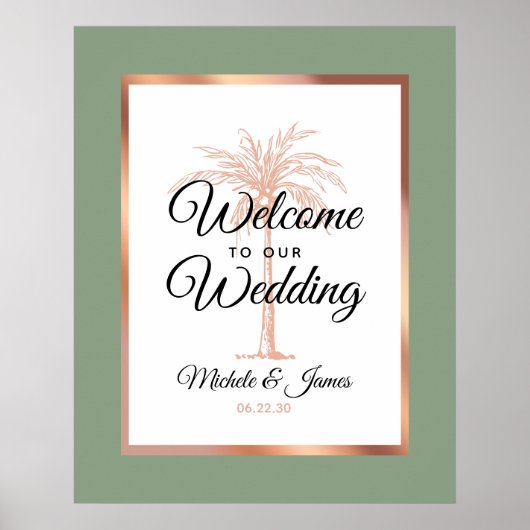 Poster Elégant Sage Green Rose Gold Palm Mariage Bienvenu (Devant)