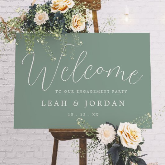 Poster Elegant Sage Green Script Engagement Party Bienven