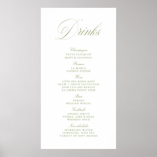 Poster Elegant Sage Green Wedding Drinks Bar Menu Banner (Devant)