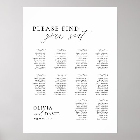 Poster Élégant Script 10 table Seating Chart (Devant)