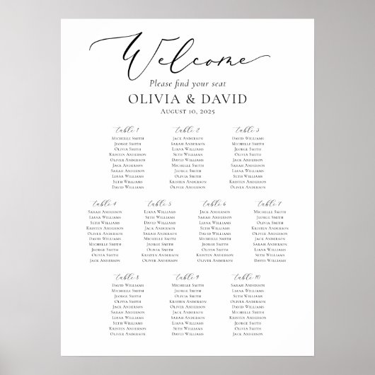Poster Élégant Script 10 Tables Welcome Seating Chart (Devant)