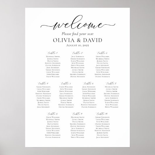 Poster Élégant Script 10 Tables Welcome Seating Chart (Devant)