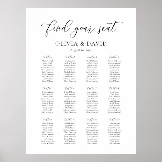 Poster Élégant Script 12 table Seating Chart (Devant)