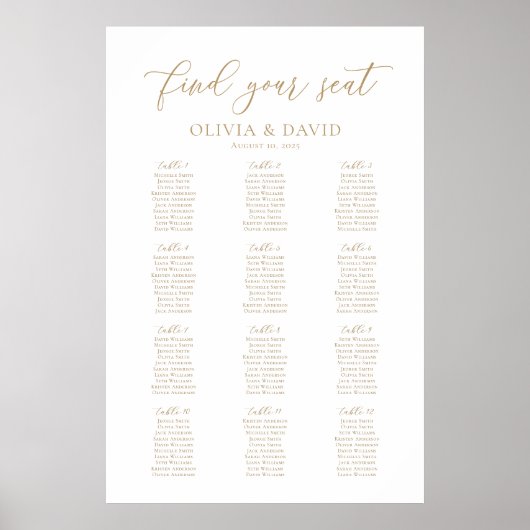 Poster Élégant Script 12 Tables Welcome Seating Chart (Devant)