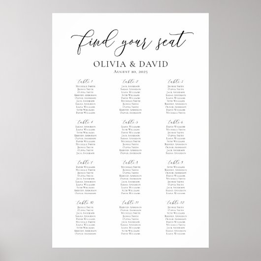 Poster Élégant Script 12 Tables Welcome Seating Chart (Devant)