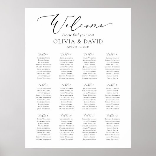 Poster Élégant Script 12 Tables Welcome Seating Chart (Devant)