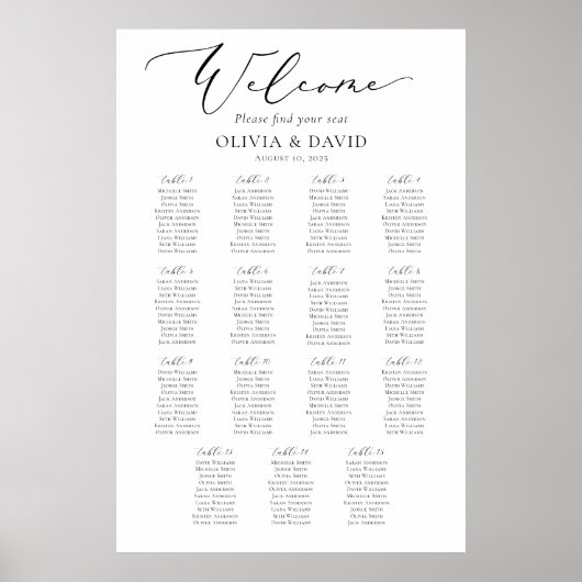 Poster Élégant Script 15 Tables Welcome Seating Chart (Devant)