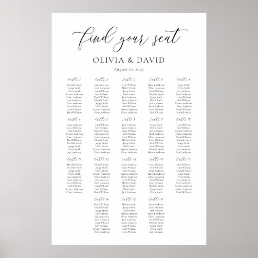 Poster Élégant Script 18 tables Seating Chart (Devant)