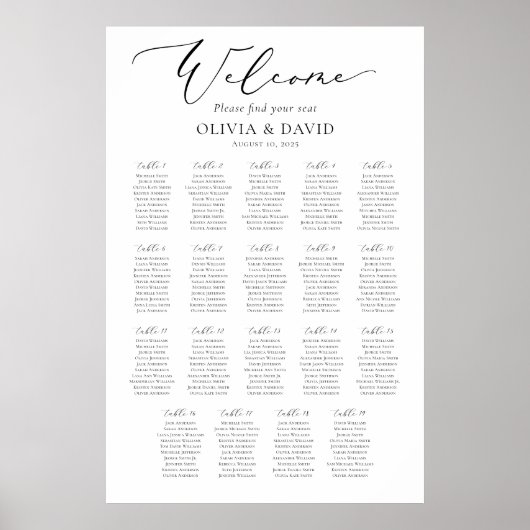 Poster Élégant Script 19 Tables Welcome Seating Chart (Devant)