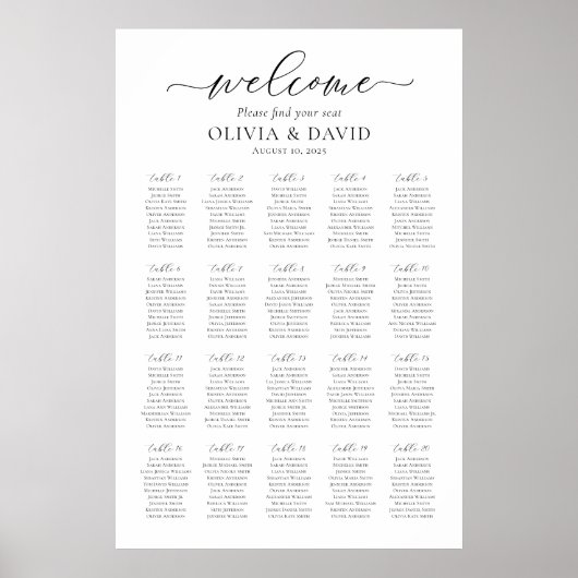 Poster Élégant Script 20 Tables Welcome Seating Chart (Devant)