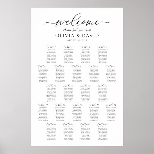 Poster Élégant Script 22 Tables Welcome Seating Chart (Devant)