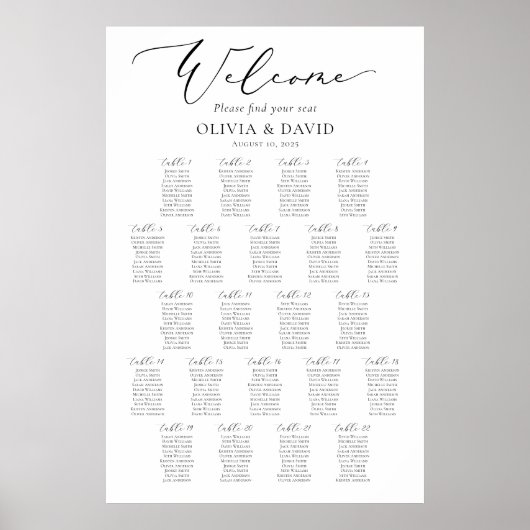 Poster Élégant Script 22 Tables Welcome Seating Chart (Devant)