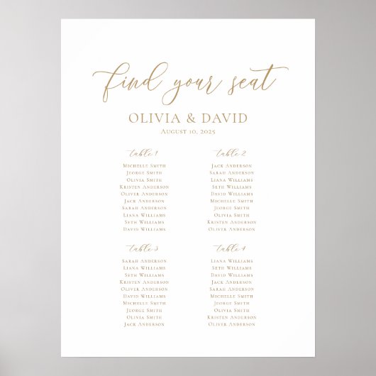 Poster Élégant Script 4 Tables Welcome Seating Chart (Devant)