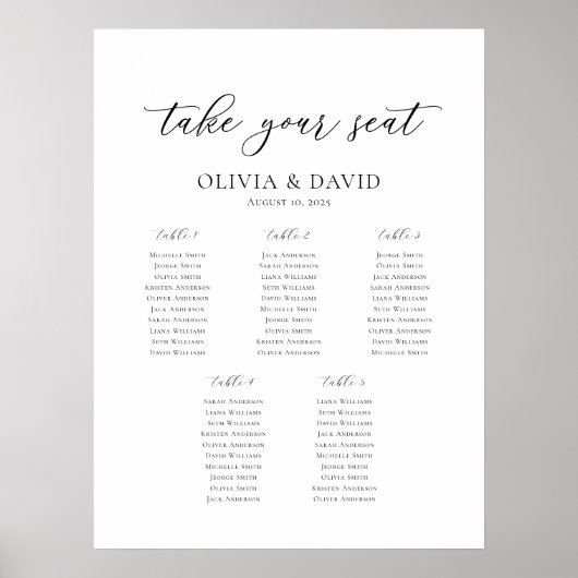 Poster Élégant Script 5 Tables Welcome Seating Chart (Devant)