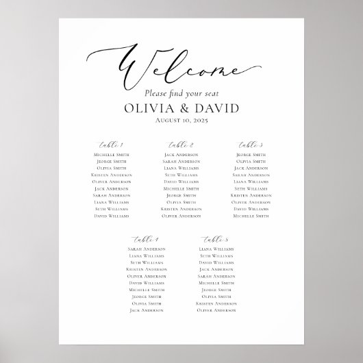 Poster Élégant Script 5 Tables Welcome Seating Chart (Devant)