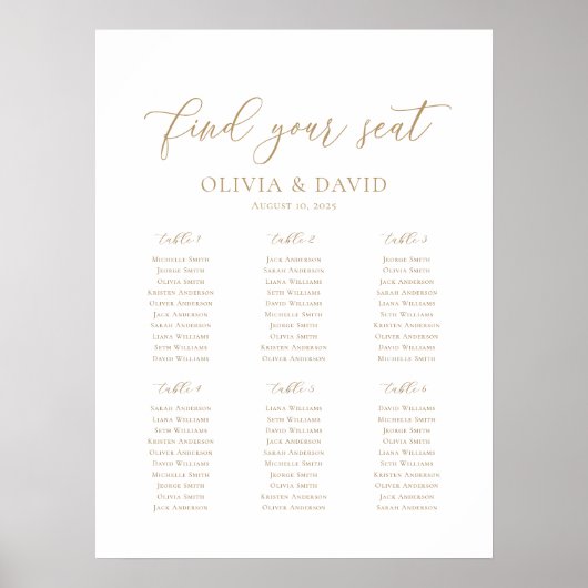 Poster Élégant Script 6 Tables Welcome Seating Chart (Devant)