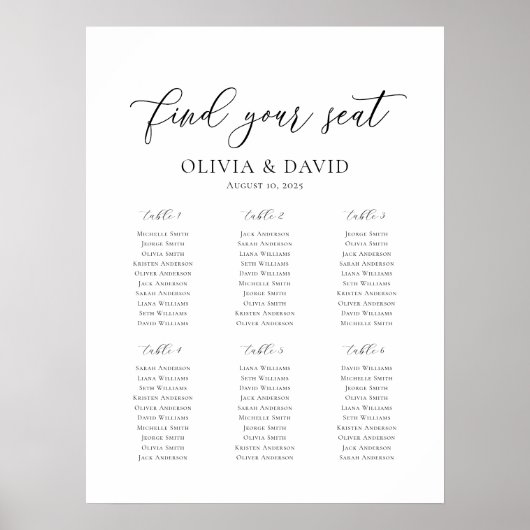Poster Élégant Script 6 Tables Welcome Seating Chart (Devant)