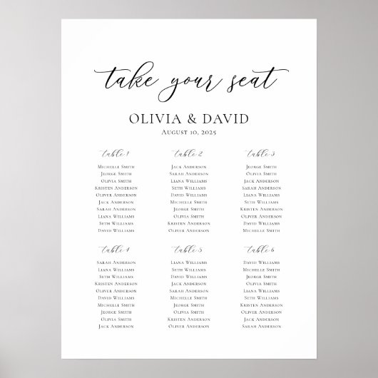 Poster Élégant Script 6 Tables Welcome Seating Chart (Devant)