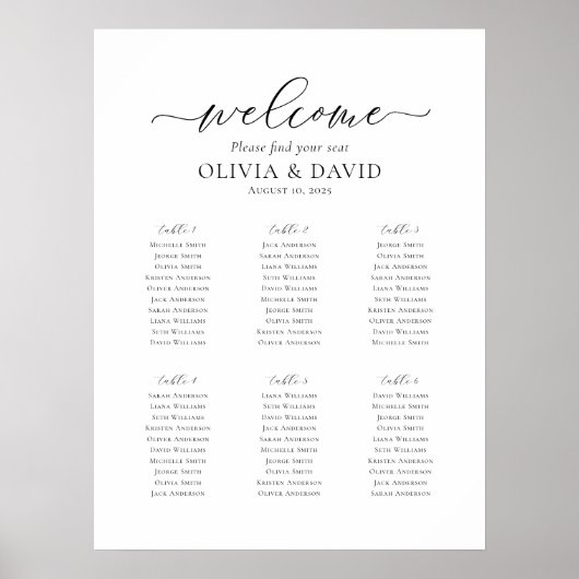 Poster Élégant Script 6 Tables Welcome Seating Chart (Devant)